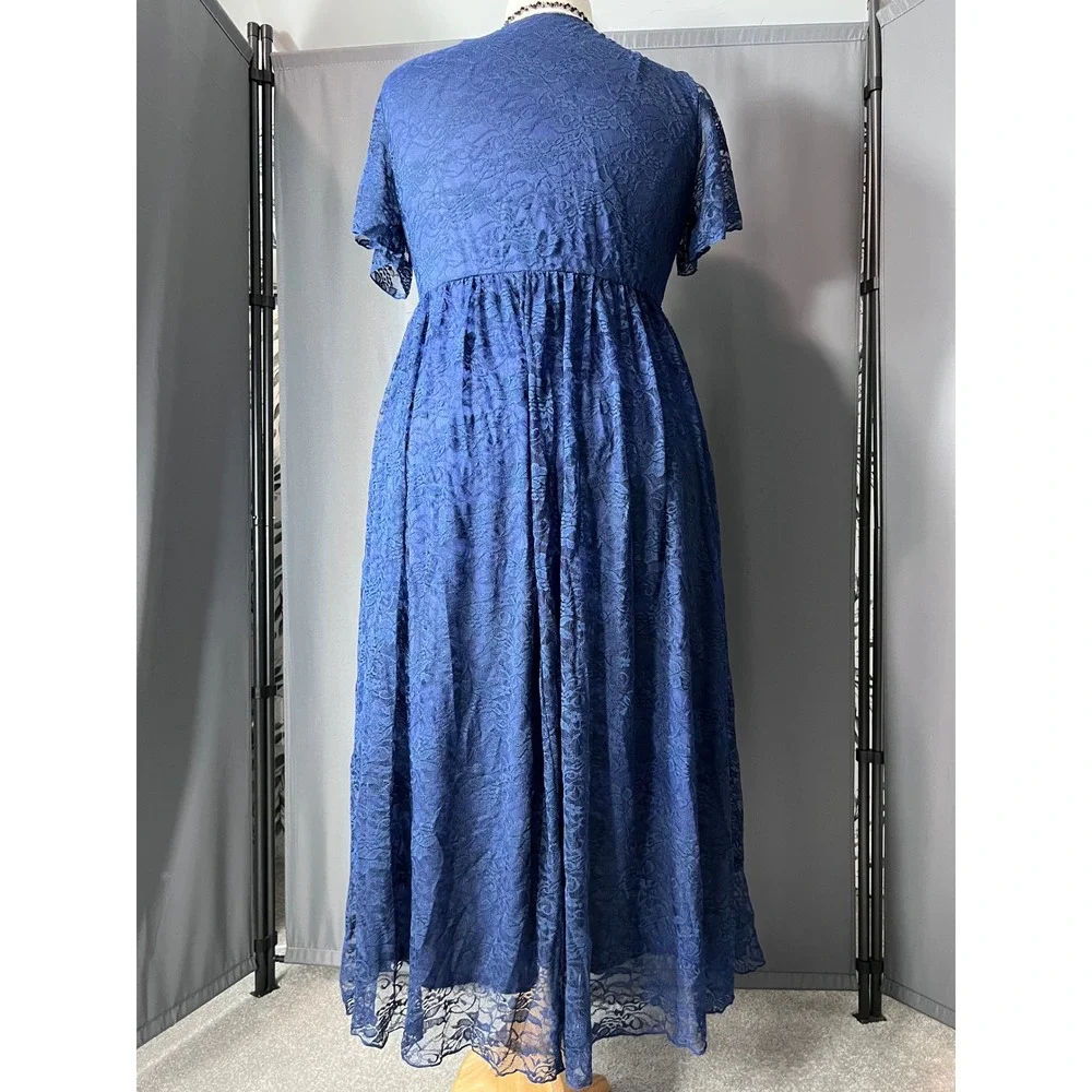 Royal Blue Floral Lace High-Low Faux Wrap Empire Waist Dress with Ruffle Detail - Picture 8 of 13
